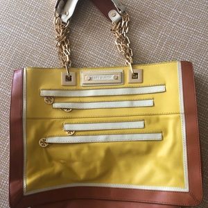 Tory Burch Yellow, White & Brown Leather Chain Tote